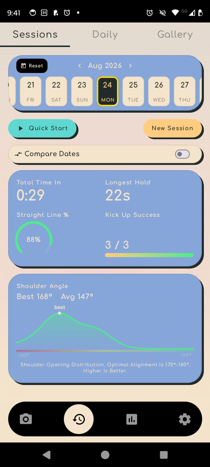 Session Detail screen showing daily comparison